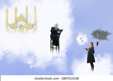 Mature woman justifying her life outside the pearly gates of heaven waiting for for St. Peter to decide her fate with cloud background and copy space.