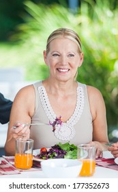 Mature Woman Lunch, Eating Happy Smile, Sitting At Home Dinner Table