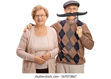 Mature Woman And A Mature Man With Big Fake Moustache Isolated On White Background