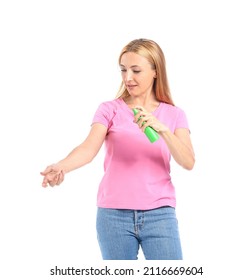 Mature Woman With Mosquito Repellent On White Background