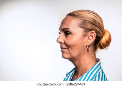 Mature Woman Profile View Studio Portrait Isolated On White Background. Blond Female With Good Styling, Hairstyle Side View Headshot. Old Lady Looking To Left, Copyspace Mockup Template, Blank Space
