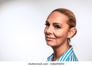 Mature Woman Profile View Studio Portrait Isolated On White Background. Blond Female With Good Styling, Hairstyle Side View Headshot. Old Lady Looking To Left, Copyspace Mockup Template, Blank Space
