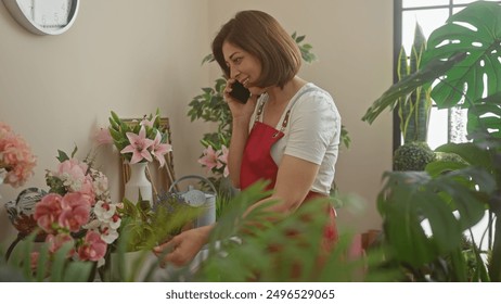 A mature woman in a red apron chats on a phone surrounded by lush flowers at a florist shop. - Powered by Shutterstock