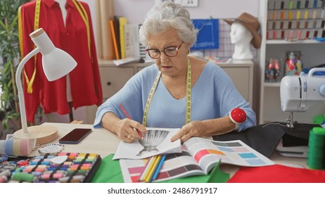 Mature woman sewing designer dress in colorful tailor atelier with mannequin. - Powered by Shutterstock