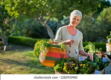 Mature Woman Shops For Produce At The Local Farmer's Market.