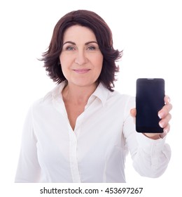 Mature Woman Showing Smart Phone With Blank Screen Isolated On White Background