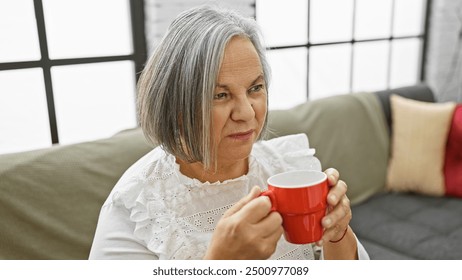 Mature woman sips coffee indoors while relaxing on a sofa near a window, exuding a cozy, contemplative vibe. - Powered by Shutterstock