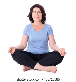 Mature Woman Sitting In Yoga Pose Isolated On White Background