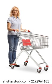 Mature Woman Standing With An Empty Shopping Cart Isolated On  White Background