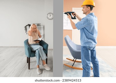 Mature woman suffering from loud neighbour with drill at home