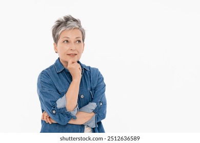 Mature woman thinking of ideas for problem solving or planning insight brainstorming for decision. Middle-age lady thoughtful and isolated on white background studio with mockup pensive and choice - Powered by Shutterstock