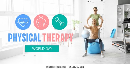 Mature woman training with physiotherapist in rehabilitation center. Banner for World Physical Therapy Day - Powered by Shutterstock