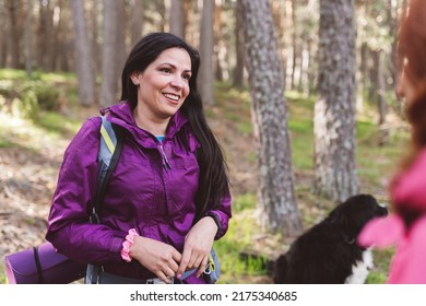 Mature Woman Trekking Mountain, Happy Hiker Resting In The Forest With Her Dog