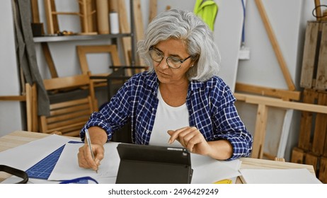 Mature woman using tablet in a carpentry workshop surrounded by wooden shelves and frames - Powered by Shutterstock