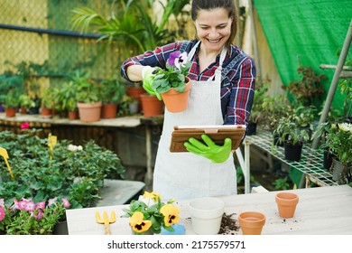 Mature Woman Using Tablet Computer Inside Greenhouse Garden - Focus On Face