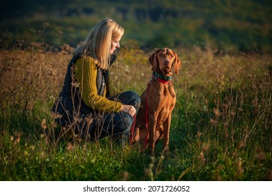 Mature Woman Walking Her Beautiful Hungarian Vizsla. Dog Walking Background. Woman And Hunting Dog Enjoying Nature Walk On A Sunny Autumn Evening.