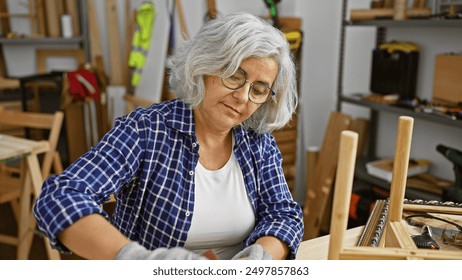 Mature woman woodworking in workshop with glasses and plaid shirt. - Powered by Shutterstock