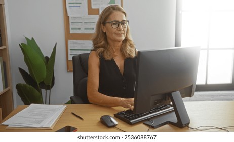 Mature woman working on a computer in an indoor office setting with documents, plants, and a bulletin board in the background. - Powered by Shutterstock