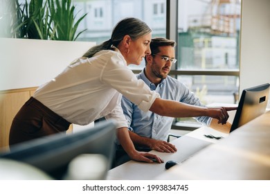 Mature Woman Working With Young Man Sitting At Desk And Showing Something On Computer Screen In Office. Female Executive Pointing At Desktop Monitor And Talking With Male Colleague In Office.