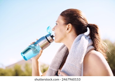 Mature, woman and workout or drinking water outside in nature, hydration and health or outdoor fitness goal. Sport, wellness athlete and training in summer for female person, runner and park or break - Powered by Shutterstock