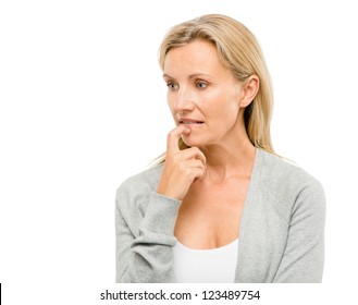 Mature woman worried about the future isolated on white background