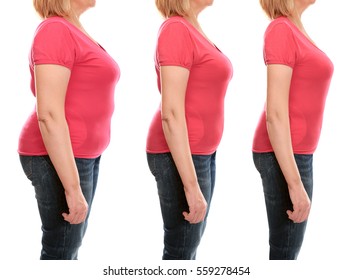 Mature woman's body before and after weightloss on white background. Health care and diet concept.