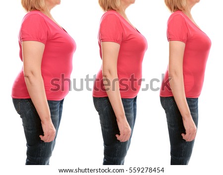 Mature woman's body before and after weightloss on white background. Health care and diet concept.