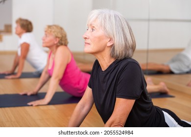 Mature women exercising cobra pose during their group training. - Powered by Shutterstock