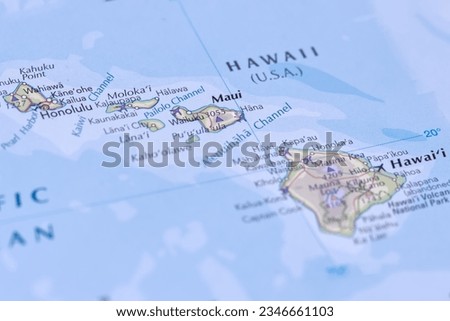 Maui island in focus on the map, Hawaii