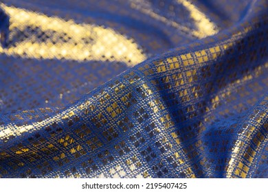 Mauled Dark Blue Colored Fabric Texture Background. This Brocade Fabric Is Made Of Polyester.