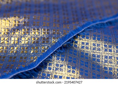 Mauled Dark Blue Colored Fabric Texture Background. This Brocade Fabric Is Made Of Polyester.