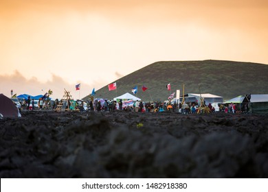 Mauna Kea, Hawaii / USA - August 6, 2019: Protesters Block The Road Up To Mauna Kea, Their Sacred Mountain, In An Effort To Halt Construction Of The Thirty Meter Telescope.