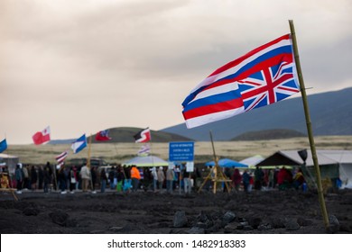 Mauna Kea, Hawaii / USA - August 6, 2019: Protesters Block The Road Up To Mauna Kea, Their Sacred Mountain, In An Effort To Halt Construction Of The Thirty Meter Telescope.