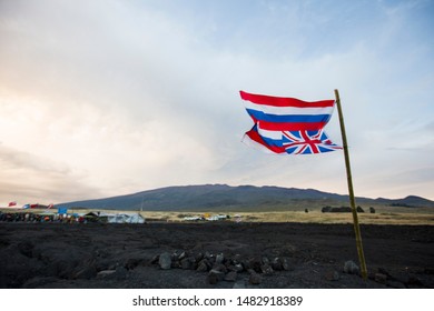 Mauna Kea, Hawaii / USA - August 6, 2019: An Upside Down Hawaiian Flag Flies In Protest Of The Possible Construction Of Thirty Meter Telescope.