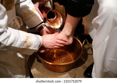 Maundy thursday celebration. Washing of the Feet. Roman Catholic church.  France.  - Shutterstock ID 2101752079