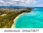 Mauritius beach aerial view of Mont Choisy beach in Grand Baie, Pereybere North. Mont Choisy, public beach in Mauritius island, Africa. Beautiful beach of Mont Choisy in Mauritius, drone aerial view.