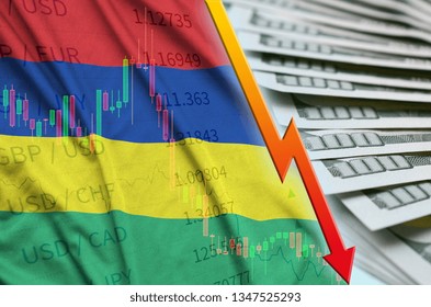 Mauritius flag and chart falling US dollar position with a fan of dollar bills