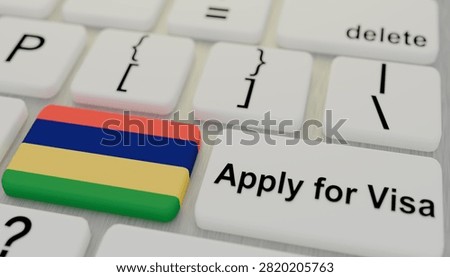 Mauritius flag positioned on computer keyboard beside apply for visa button illustrating passport documentation immigration approval international travel authorization border processing online registration destination access and legal requirements