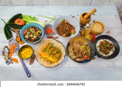 Mauritius Food, Several Dishes For Mauritius Island, Served With Decoration Food And Design Spatula.