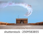 Mausoleum of Ataturk - Air Force aerobatic team performing demonstration flight over mausoleum of Anitkabir - Ankara Turkey