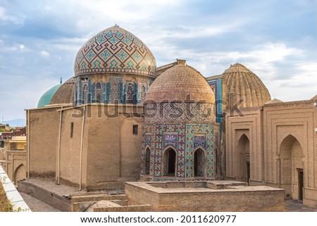 Mausoleums of the Shakhi-Zinda complex, Samarkand, Uzbekistan. In the foreground are the Octahedron and Shirin-Bika-aga mausoleums. Included in UNESCO