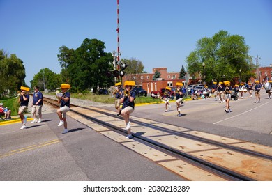 Mauston, Wisconsin USA - August 22nd, 2021: Mauston High School Band Teenagers Marched In Summer Fair Parade. 