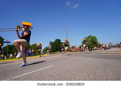 Mauston, Wisconsin USA - August 22nd, 2021: Mauston High School Band Teenagers Marched In Summer Fair Parade. 