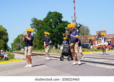 Mauston, Wisconsin USA - August 22nd, 2021: Mauston High School Band Teenagers Marched In Summer Fair Parade. 