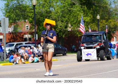 Mauston, Wisconsin USA - August 22nd, 2021: Mauston High School Band Teenagers Marched In Summer Fair Parade. 