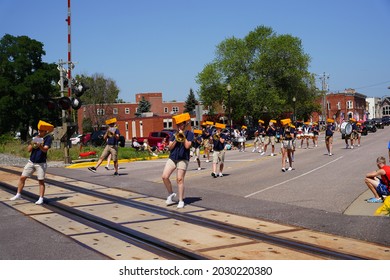 Mauston, Wisconsin USA - August 22nd, 2021: Mauston High School Band Teenagers Marched In Summer Fair Parade. 