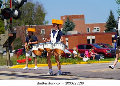 Mauston, Wisconsin USA - August 22nd, 2021: Mauston High School Band Teenagers Marched In Summer Fair Parade.