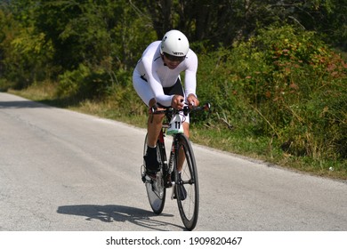 Mavrovo, Macedonia, September 08 2020. The  time trial bicycle race took place in the hilly terrain of Mavrovo, for professional and amateur cyclists.