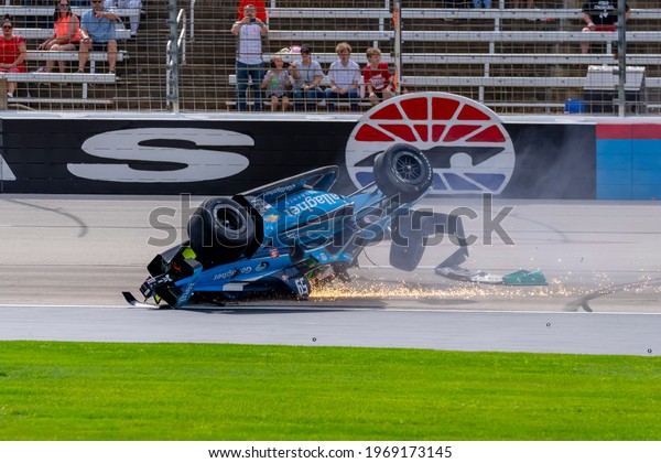 May 02,\
2021 - Ft. Worth, Florida, USA: COLTON HERTA (26) of Valencia,\
Canada slides on his top as he slides down the front stretch during\
race for the EXPEL 375 at Texas Motor\
Speedway
