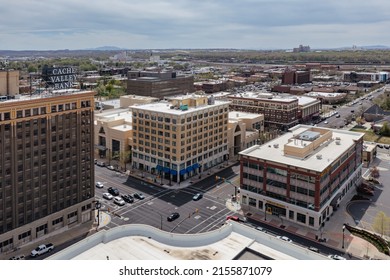 May 1, 2022: Ogden Utah, USA. Historic landmark building Cache Valley Bank and Hampton Inn Hilton Hotel 
